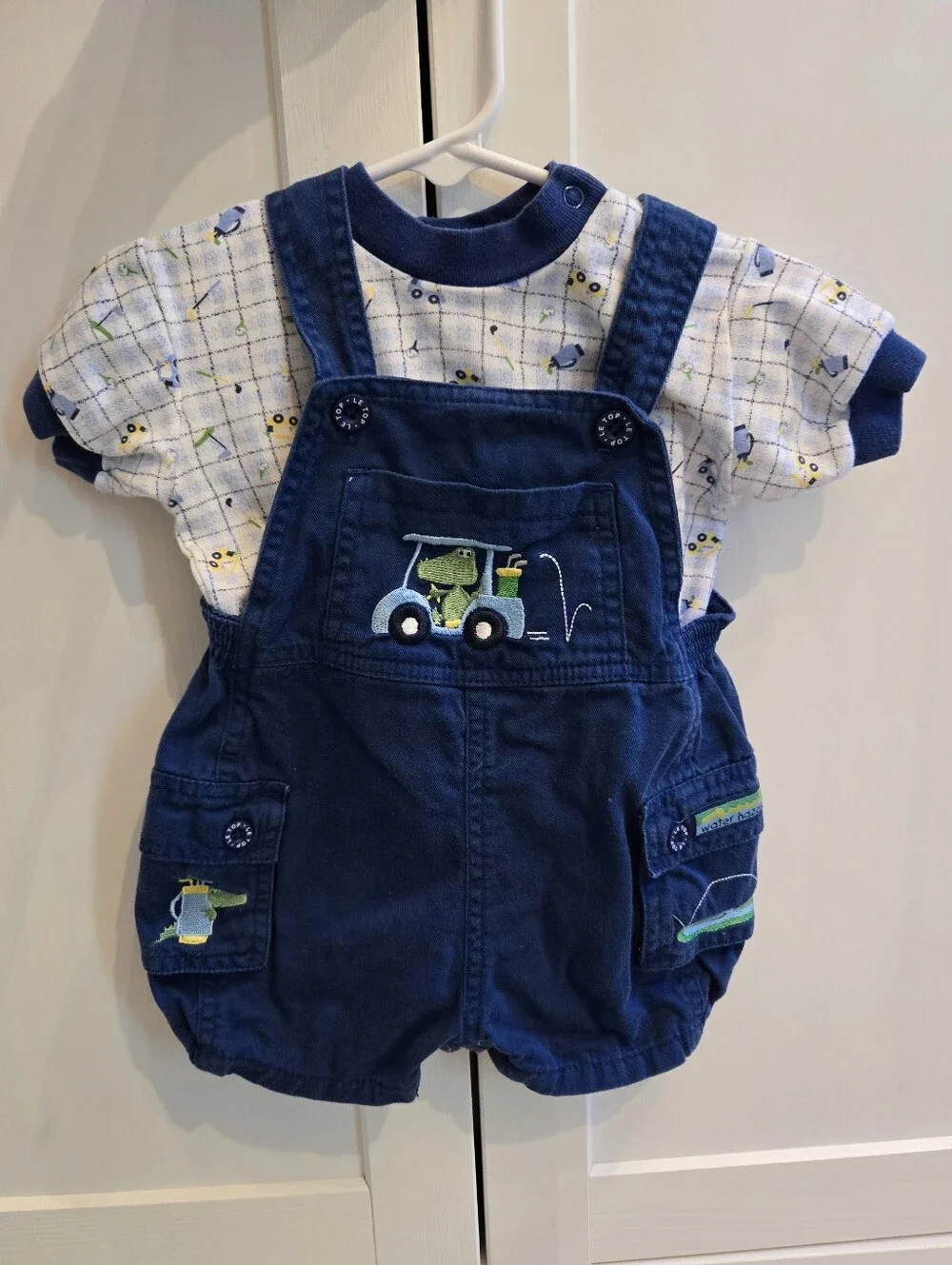 Vintage Y2k Le Top Navy Tractor Embroidered Overalls Shorts 2pc Set